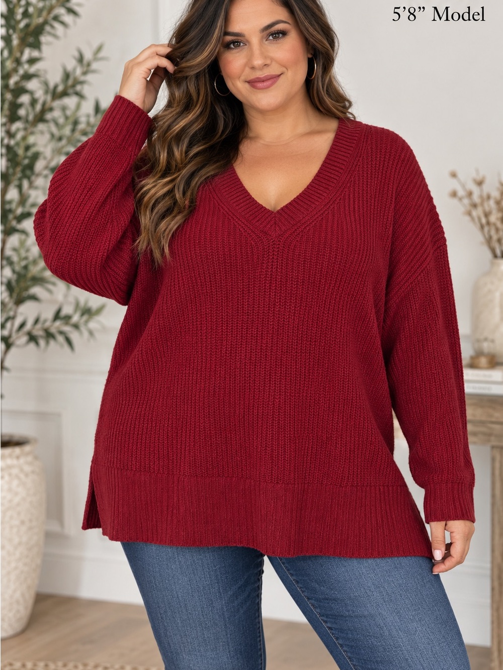 Ava & Viv Burgundy V-Neck Knit Sweater 1X Plus Size